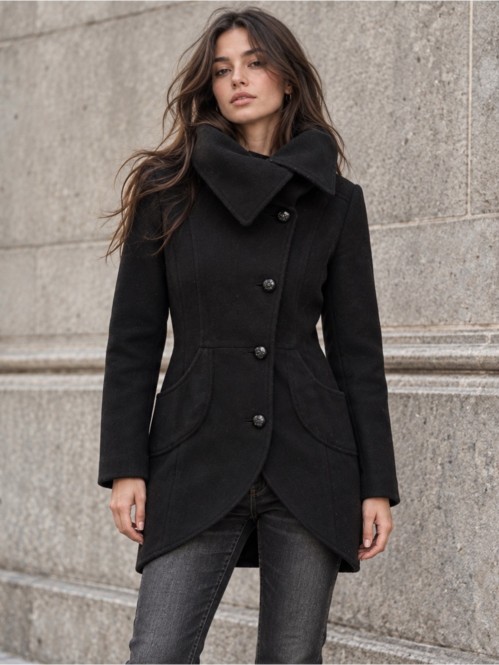 Mackage Black Wool Mohair High Funnel Neck Peacoat Medium Quiet Luxury